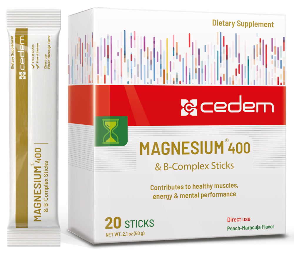 CEDEM magnesium 400mg sticks peach-packfront for on-the-go wellness