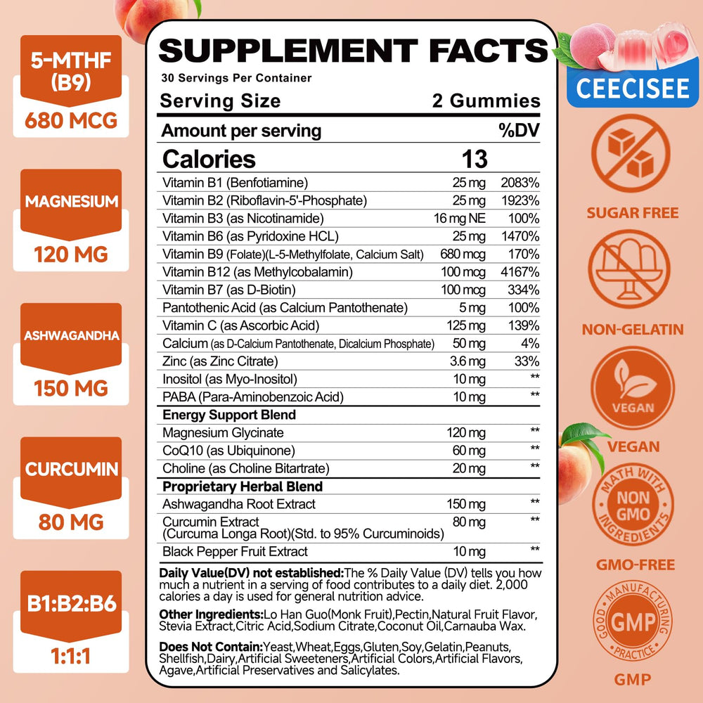 Ceecisee peach-flavor B complex gummies closeup showing a full bottle