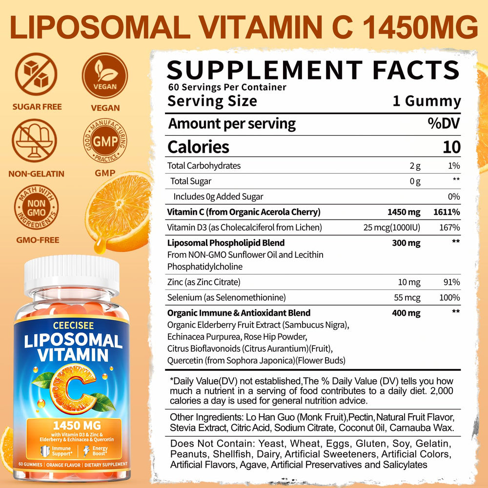 Ceecisee gummy texture closeup highlights chewy, sugar-free orange vitamin C.