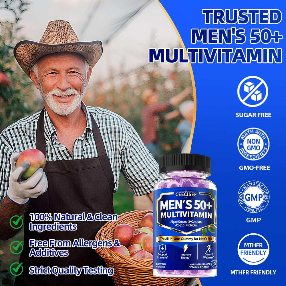 Ceecisee men 50+ multivitamin bottle ideal for busy daily routines during travel or work.