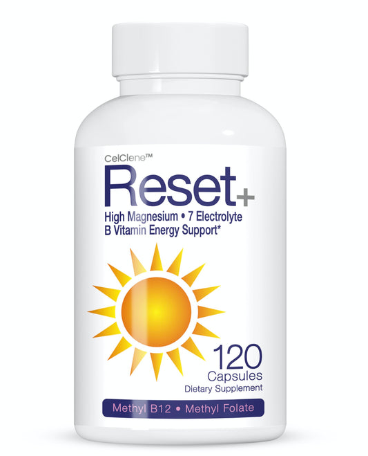 CELCLENE Reset+ energy bottle closeup highlighting electrolyte blend for daily hydration.
