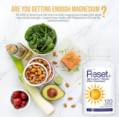 CELCLENE Reset+ ingredients list reveals magnesium, B vitamins, and green tea extract for vitality.