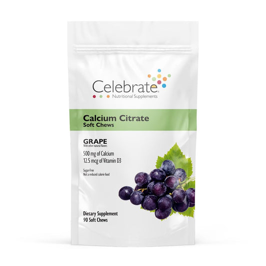 Celebrate Bariatric Calcium Citrate soft chews bottle front showing grape flavor and convenient on-the-go packaging