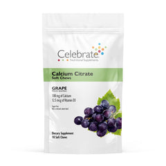Celebrate Bariatric Calcium Citrate soft chews bottle front showing grape flavor and convenient on-the-go packaging