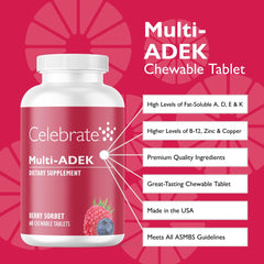 Celebrate Bariatric Multi ADEK chewables label shows Berry Sorbet flavor