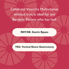 Celebrate bariatric ingredients image features water-miscible vitamins and chelated minerals.