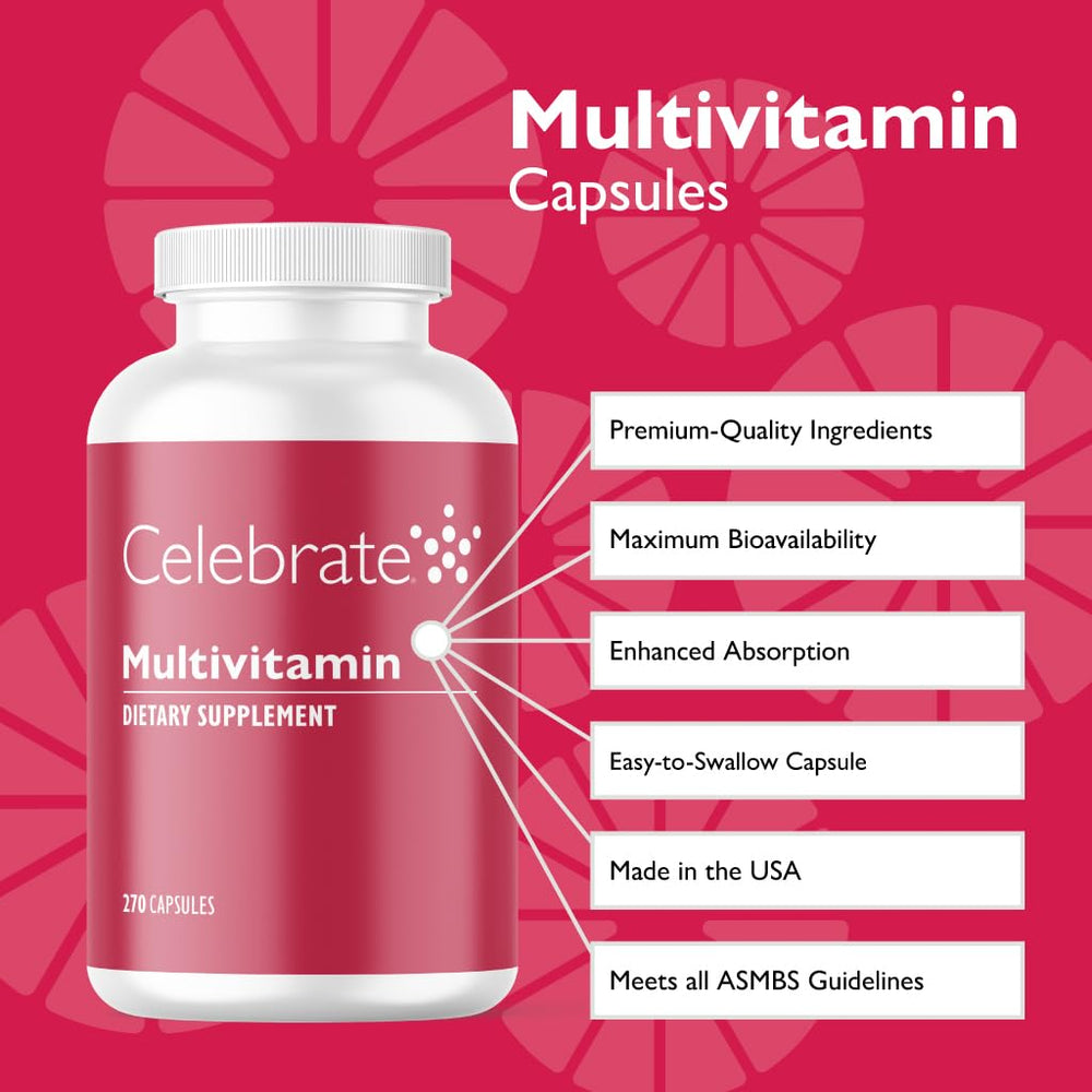 Celebrate bariatric multivitamin packaging highlights easy-to-swallow capsules.