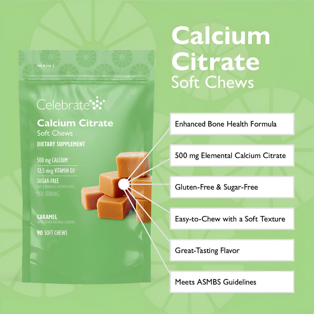 Celebrate Vitamins Bariatric calcium citrate soft chews individually wrapped for on-the-go supplementation.