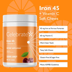 Celebrate Vitamins iron bottle label highlights 45 mg iron and 60 mg vitamin C
