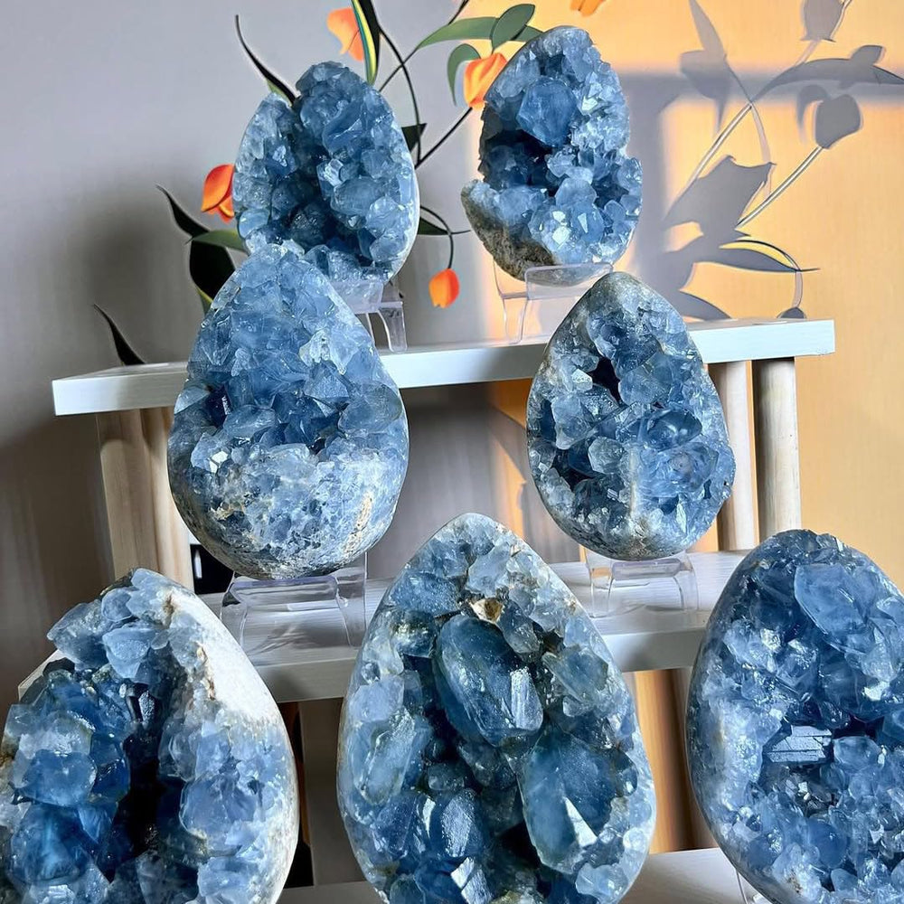 Artisan-preserved Celestine cluster with blue tones for decor display