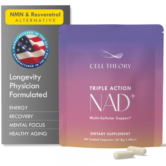 Cell Theory NAD Plus bottle front showing liposomal formula for steady energy