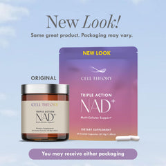 Cell Theory NAD Plus bottle with glass of water demonstrates easy daily use