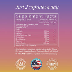 Cell Theory NAD Plus packaging highlights 60 capsules for a 30 day routine