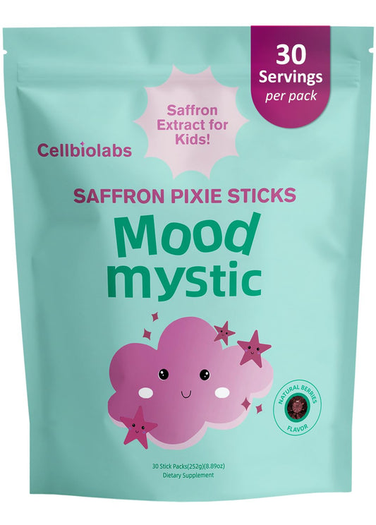 Cellbiolabs Saffron for Kids Pixie Stick pack ready to mix for a sugar-free fruity drink.