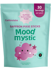 Cellbiolabs Saffron for Kids Pixie Stick pack ready to mix for a sugar-free fruity drink.