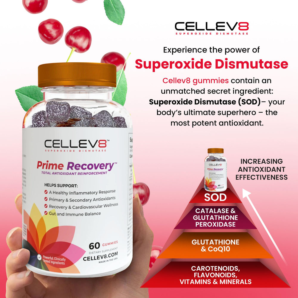 Cellev8 Prime Recovery gummies with SOD, Tart Cherry, and antioxidants.