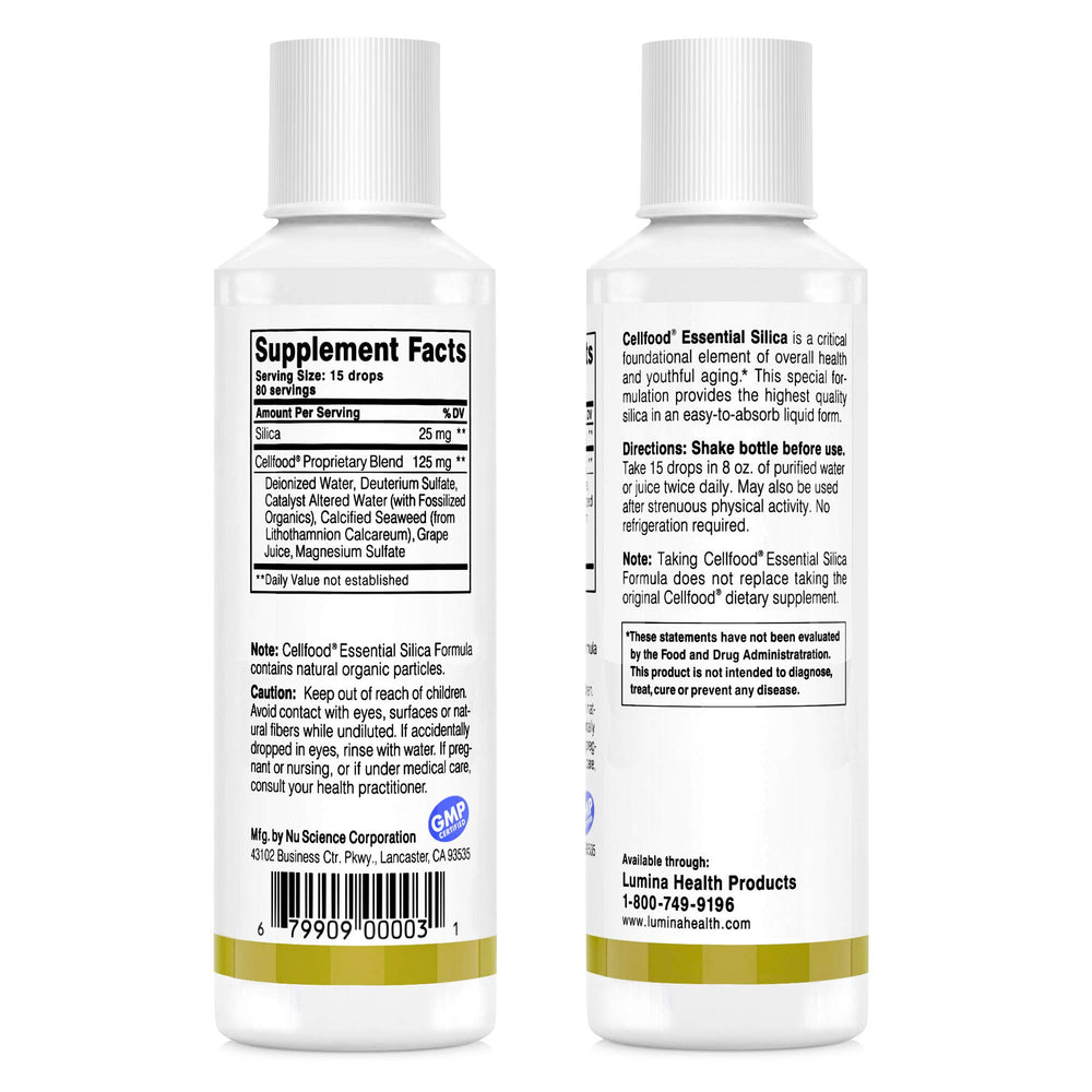 Close-up of Cellfood Essential Silica label highlighting gluten-free and non-GMO