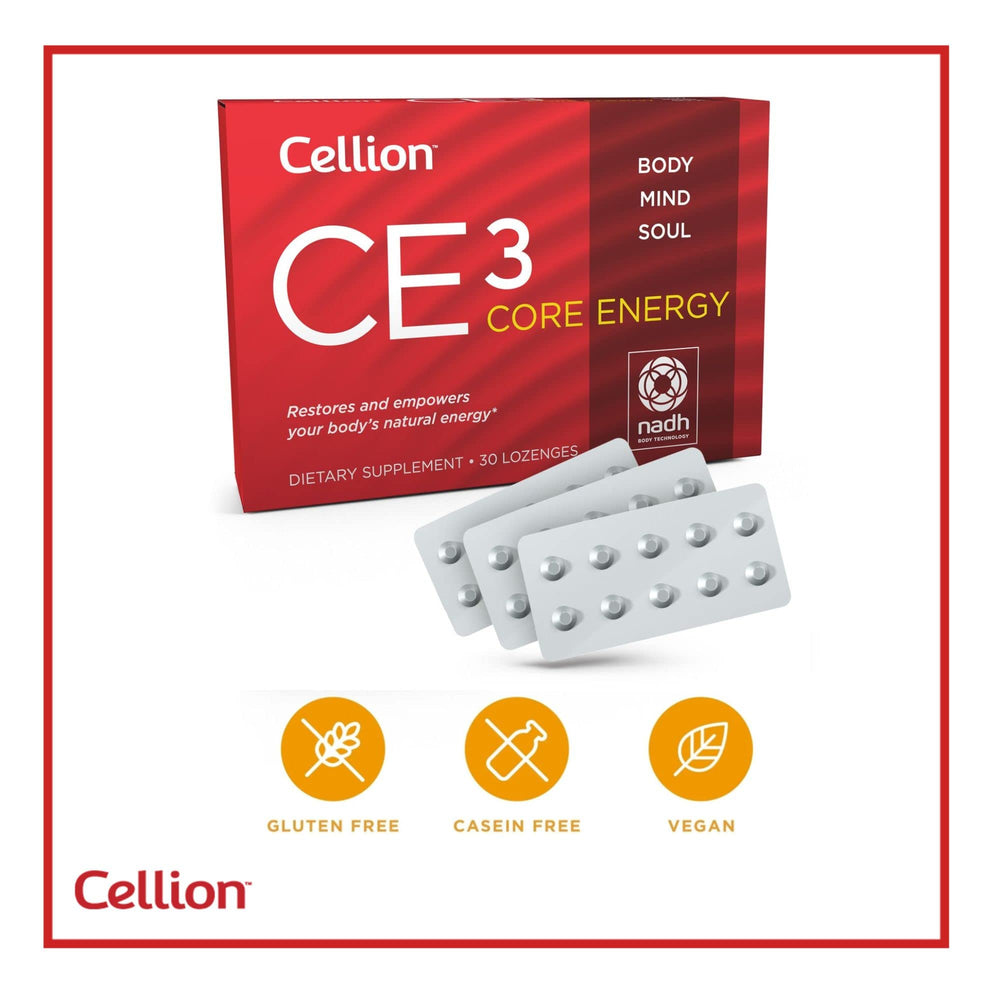 Cellion CE3 packaging highlighting vegan NADH supplement for energy.