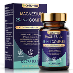 CellJuvMax Magnesium 25-in-1 bottle shows the high-absorption blend for muscles and nerves.