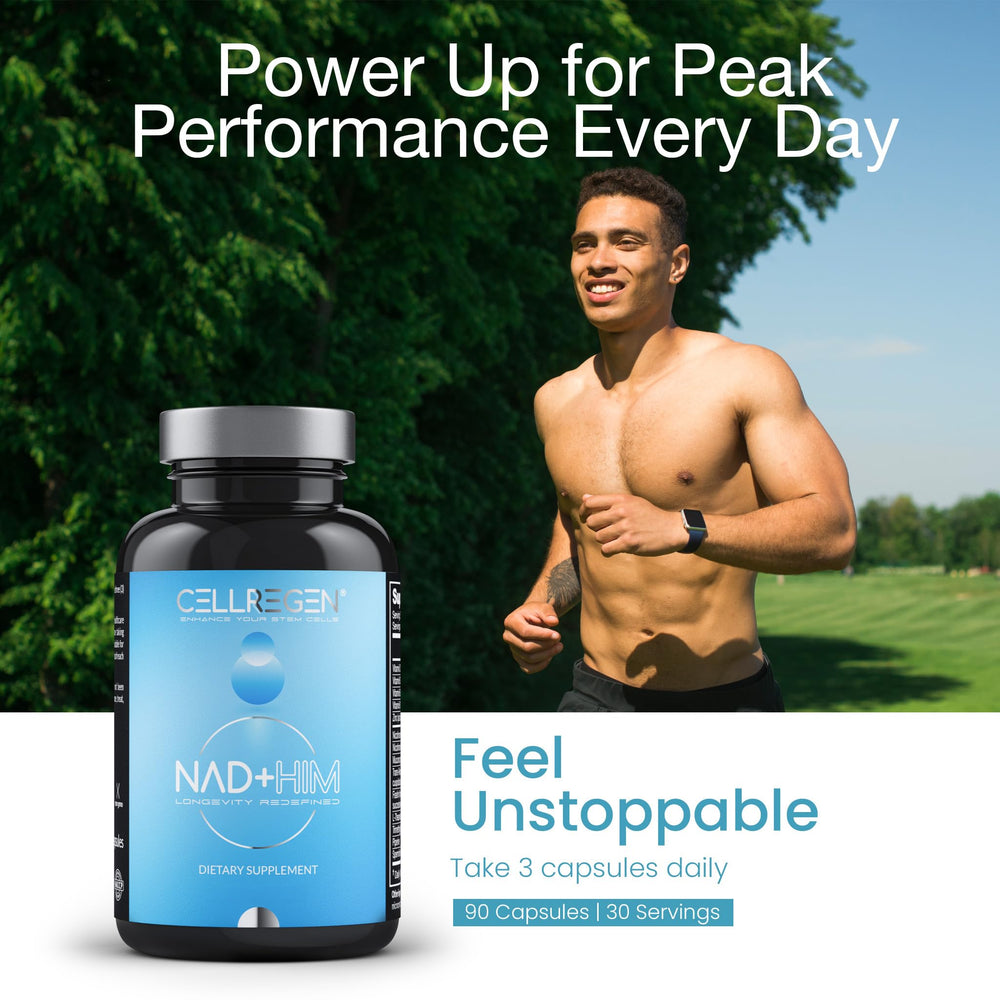 Cellregen NAD HIM bottle with glass of water for daily use