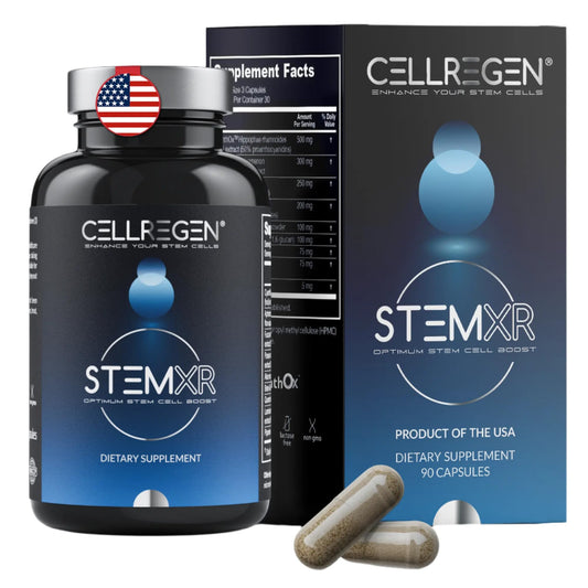 Cellregen StemXR bottle front promotes daily vitality for busy lifestyles.