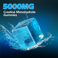 Gummies label closeup reveals serving size and 5g creatine per serving.