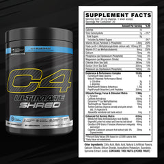 Cellucor C4 Ultimate Shred ice blue razz glass reveals refreshing flavor for focus.