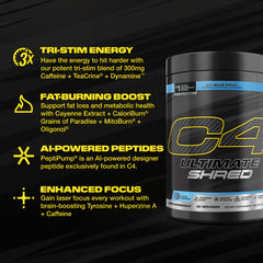 Cellucor C4 Ultimate Shred powder scoop highlights convenient pre-workout serving.