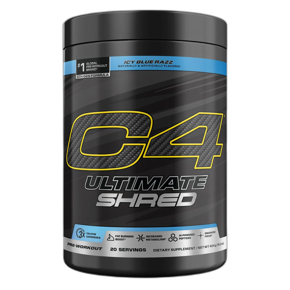 Cellucor C4 Ultimate Shred powder tub shows powerful energy blend for intense workouts.
