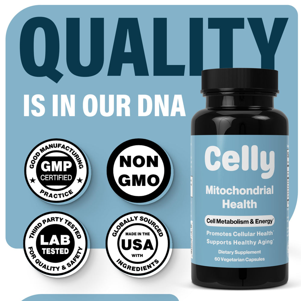 Celly Mitochondrial Health capsules dispensed showing two-per-day guidance