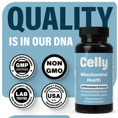 Celly Mitochondrial Health capsules dispensed showing two-per-day guidance
