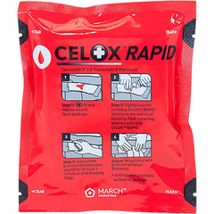 Celox Rapid gauze 3x5 unrolled, ready for wound packing and rapid bleeding control.