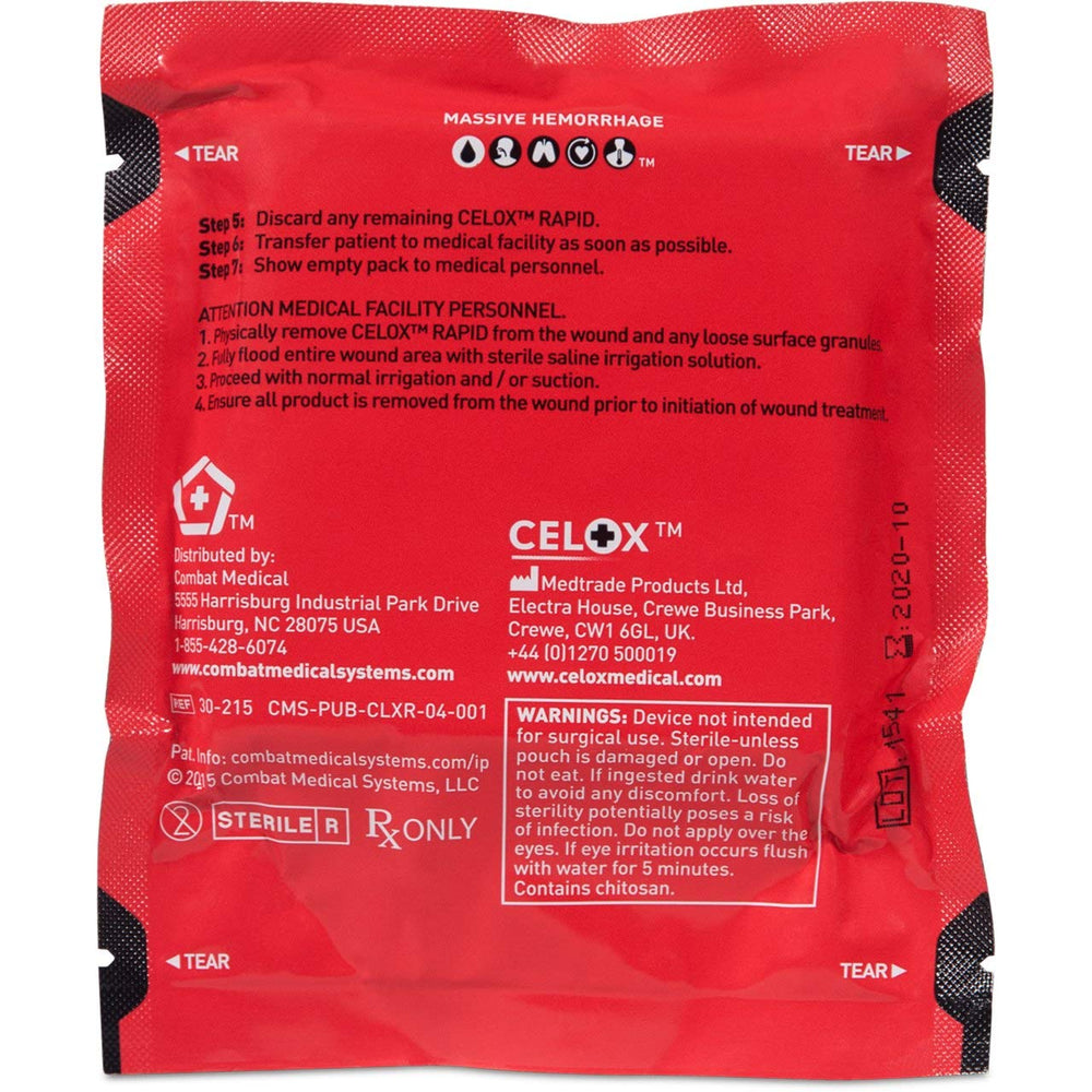 Celox Rapid being applied to a wound; compact, lightweight, and field-ready.