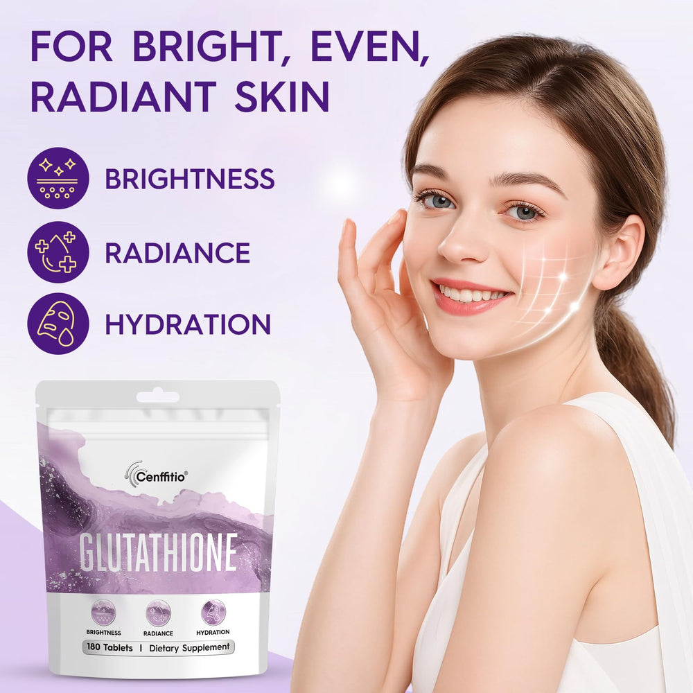 Cenffitio Glutathione ingredients label highlights vitamin C and collagen benefits.