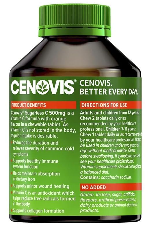 Cenovis Vitamin C Sugarless bottle label highlights 300 tablets for daily wellness.