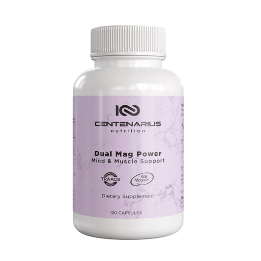 Centenarius Nutrition Dual Mag Power bottle with capsules highlighting focus support.