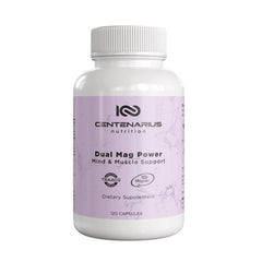 Centenarius Nutrition Dual Mag Power bottle with capsules highlighting focus support.