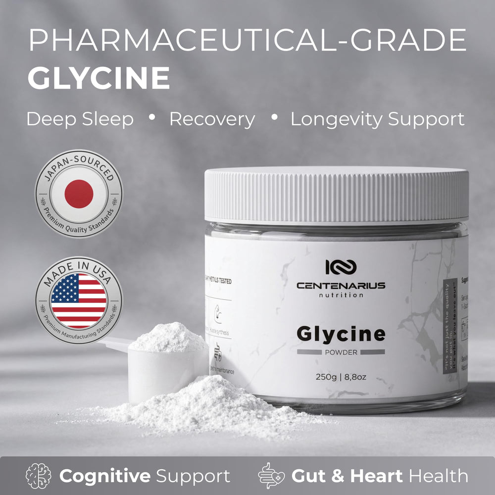 Centenarius Glycine Powder label highlights third-party testing for quality