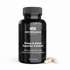 Centenarius Sleep + Mood bottle front showing calm-night benefits