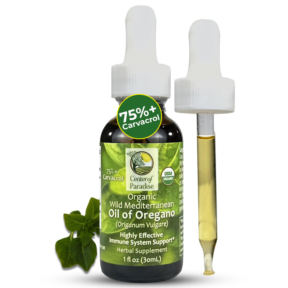 Center of Eden wild oregano oil bottle shows 75% carvacrol potency for immune support