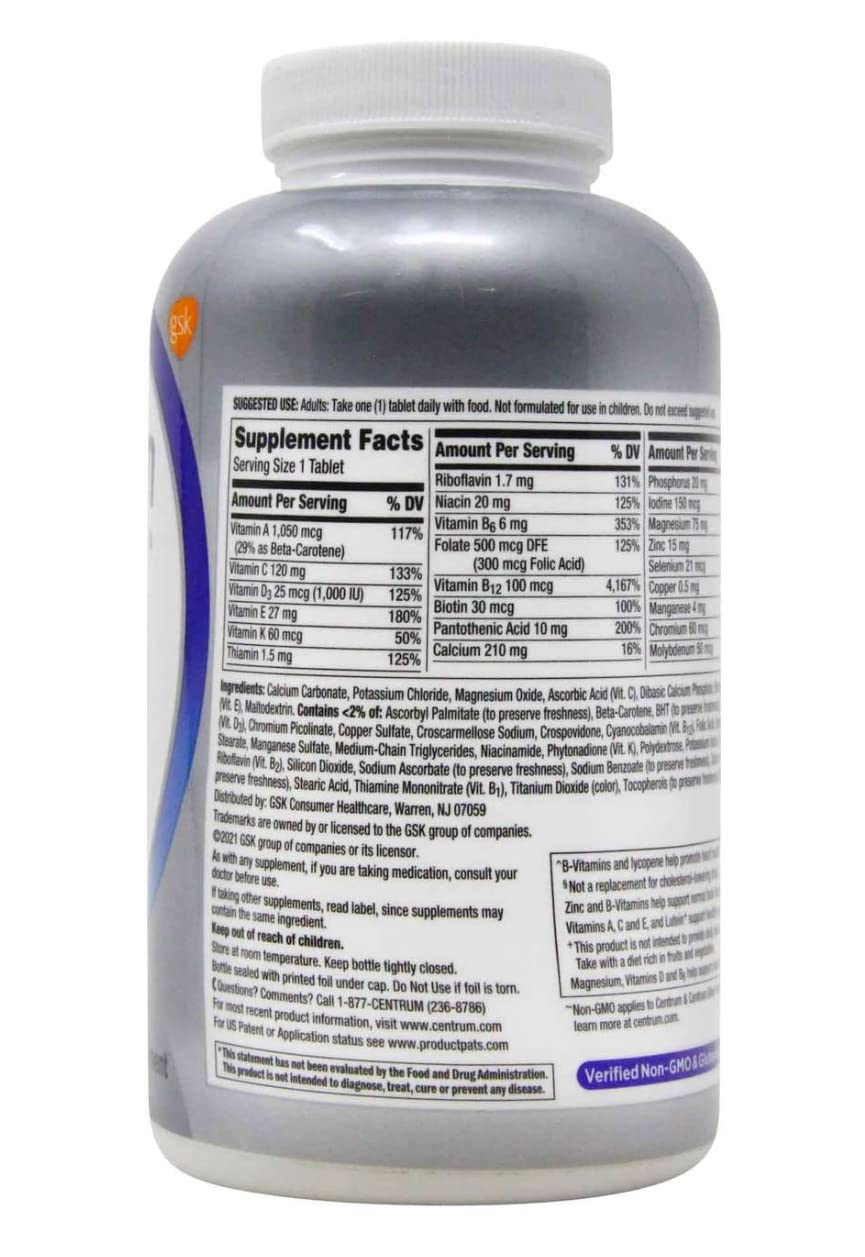 Centrum Men 50+ multivitamin bottle label highlights nutrients for age-specific daily support.