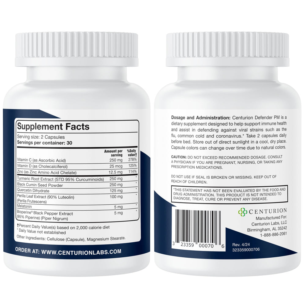 Centurion Defender PM capsules closeup showing the nightly dose