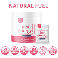 Made in USA label on Just Energy packaging reinforces quality and trusted sourcing.
