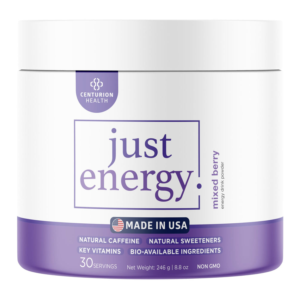Centurion Health Just Energy mixed-berry powder ready for a quick workout boost.