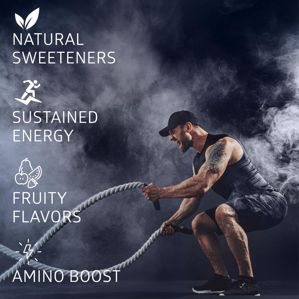 Just Energy powder scoop poured into water for a quick, refreshing energy boost.