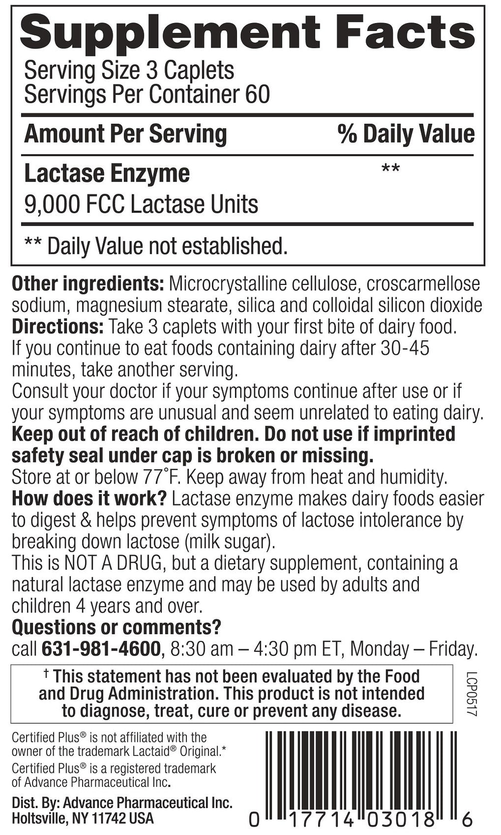 Certified Plus Lactase Enzyme 360-caplets label highlighting original-strength formula.