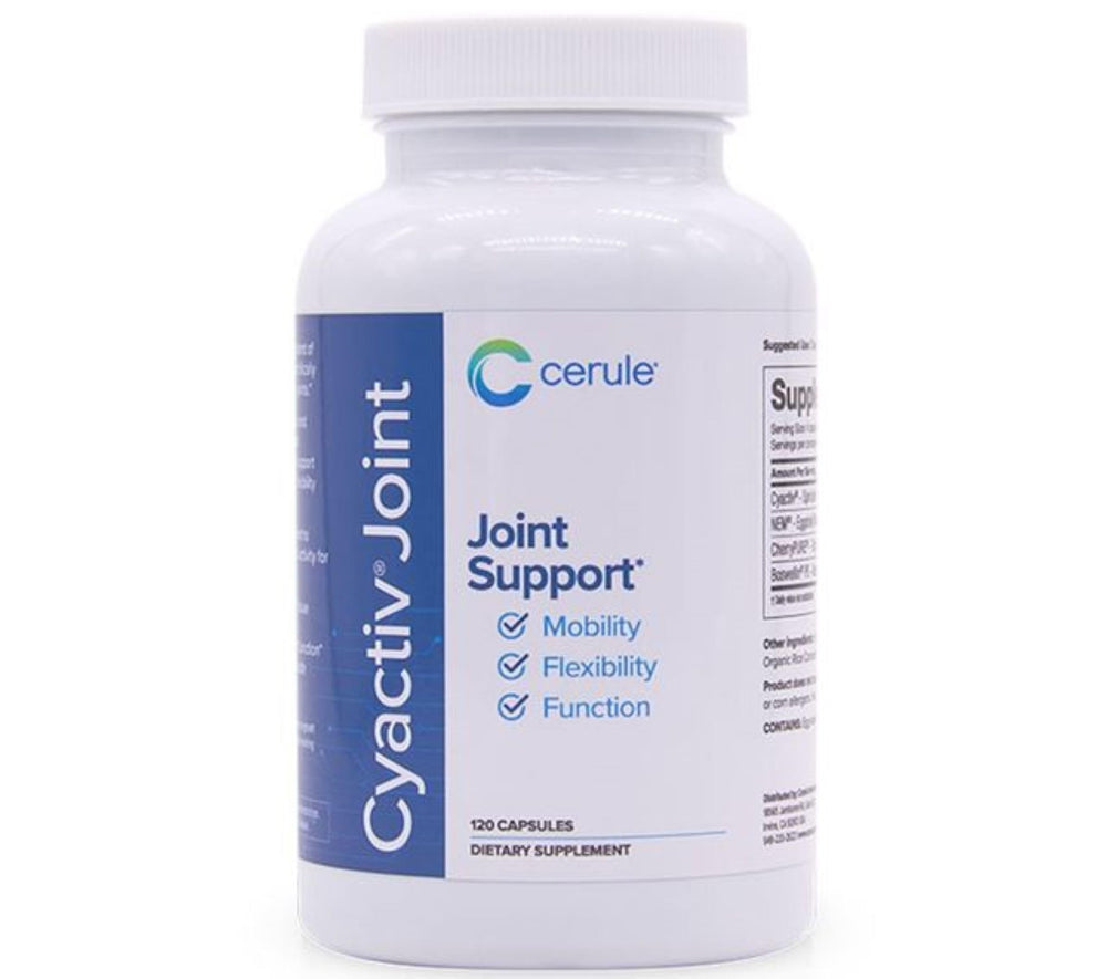 Cerule Cyactiv Spirulina capsules in a bottle front showcasing the joint comfort-focused label.