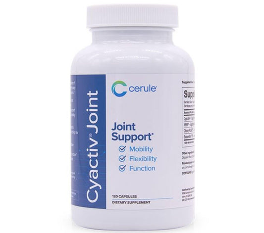 Cerule Cyactiv Spirulina capsules in a bottle front showcasing the joint comfort-focused label.