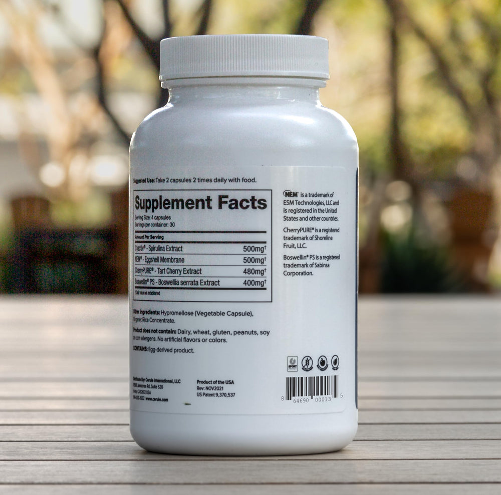 Cerule Cyactiv Spirulina packaging on a shelf implies daily mobility and energy support.