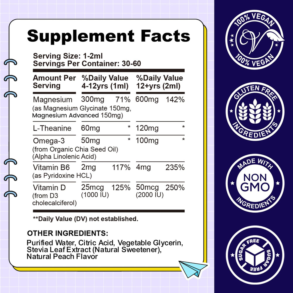 CFILIHTC Kids Magnesium Liquid Drops label shows magnesium glycinate and omega-3.